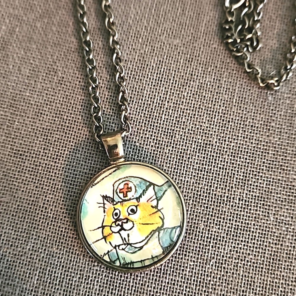 1970s Nurse Cat children's book page necklace Richard Scarry ooak handmade